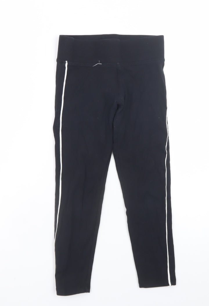 Marks and Spencer Girls Black Ankle Leggings 7 Years Cotton Stretch Side Stripe