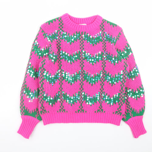 Savida Womens Pink Green Sequin Knit Jumper Medium