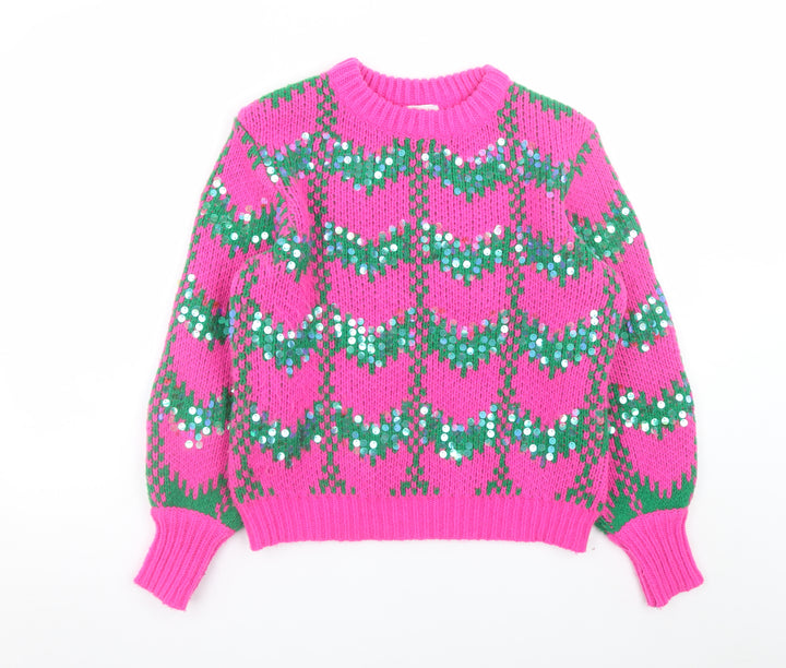 Savida Womens Pink Green Sequin Knit Jumper Medium