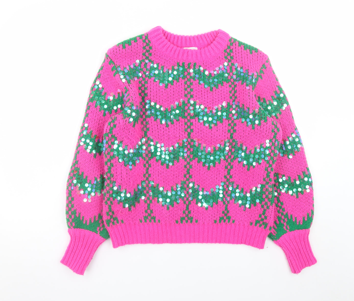 Savida Womens Pink Green Sequin Knit Jumper Medium
