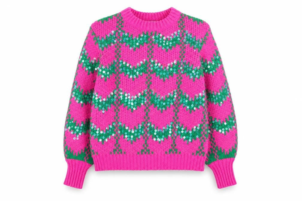 Front view of Savida women’s pink green sequin knit jumper medium