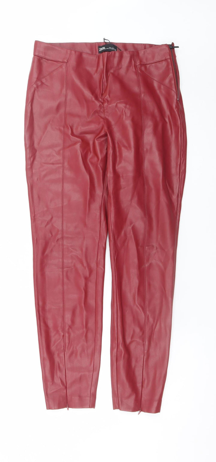Zara Women Red Faux Leather Skinny Leggings L