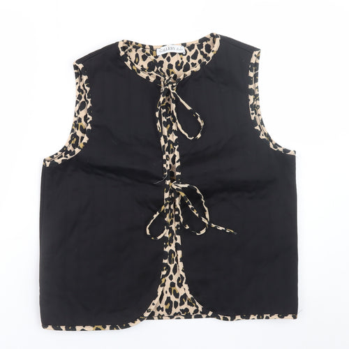 Gallery Women's Black Leopard Trim Sleeveless Tie Blouse Size S