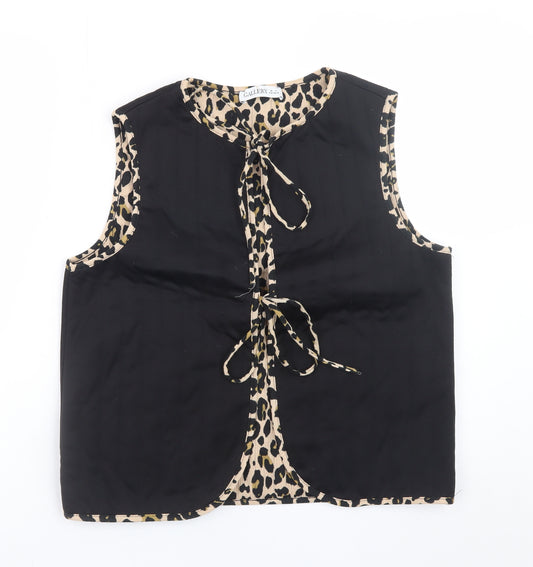 Gallery Women's Black Leopard Trim Sleeveless Tie Blouse Size S