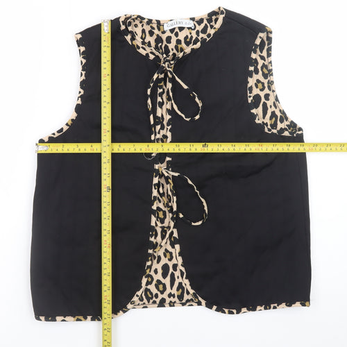 Gallery Women's Black Leopard Trim Sleeveless Tie Blouse Size S