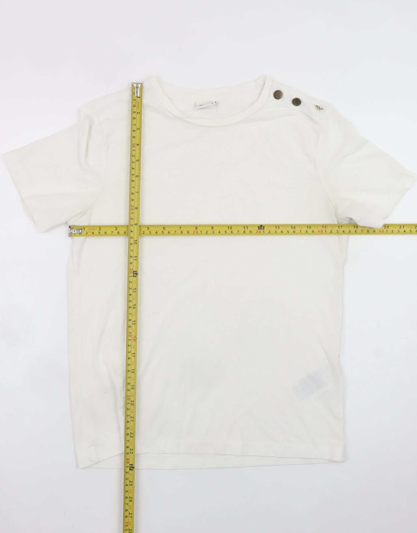 Jacqueline de Yong Women White M Short Sleeve Button Crew Neck T-Shirt
