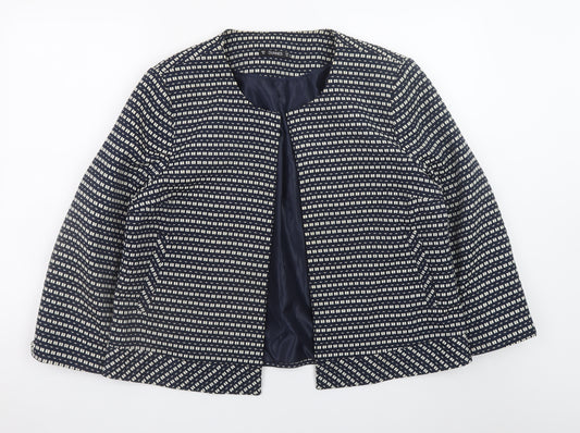 Dunnes Women Blue Geometric Pattern Mid-Length Open Jacket Size 20