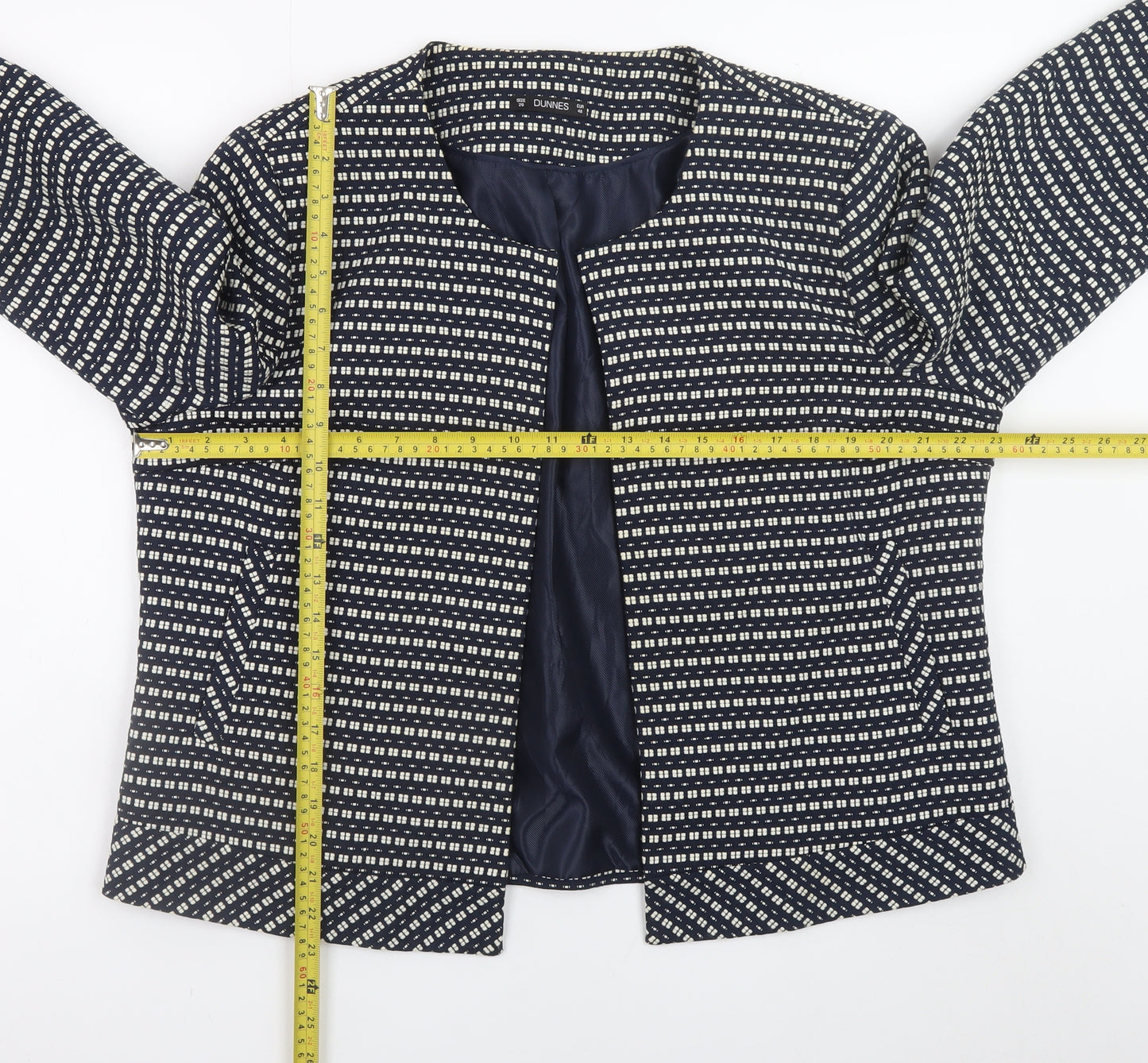 Dunnes Women Blue Geometric Pattern Mid-Length Open Jacket Size 20