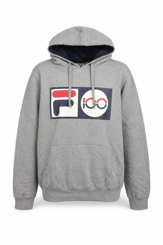 Front view of Fila Men's Grey Pullover Logo Hoodie, size S, Regular Fit