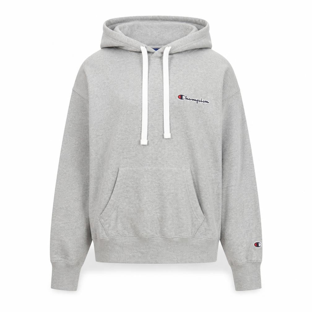 Front view of Champion Men's Grey Pullover Hoodie Small Logo Fleece Sweatshirt