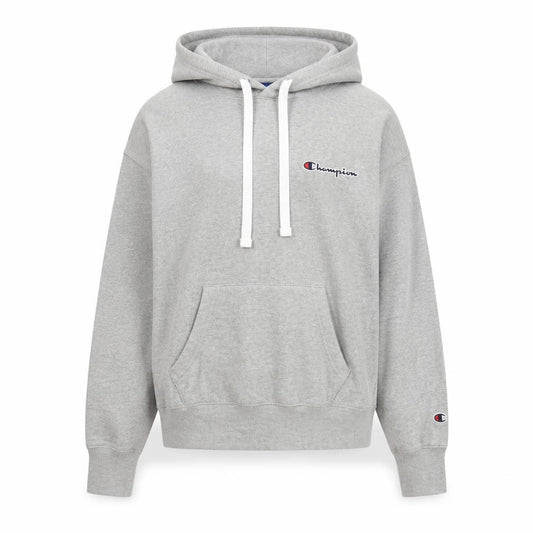 Front view of Champion Men's Grey Pullover Hoodie Small Logo Fleece Sweatshirt
