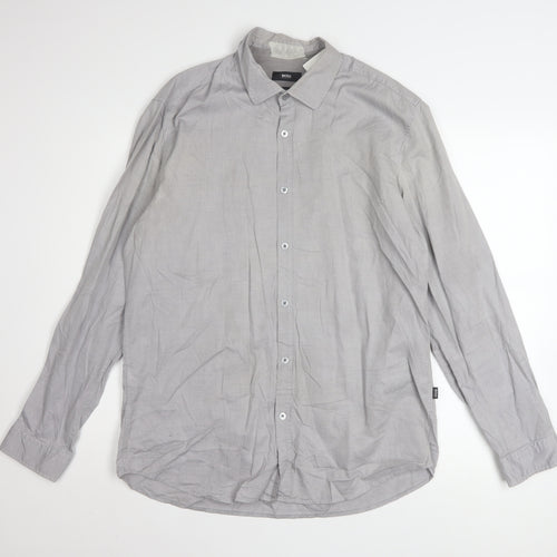 Hugo Boss Men's Grey Regular Fit Cotton Button-Up Shirt L