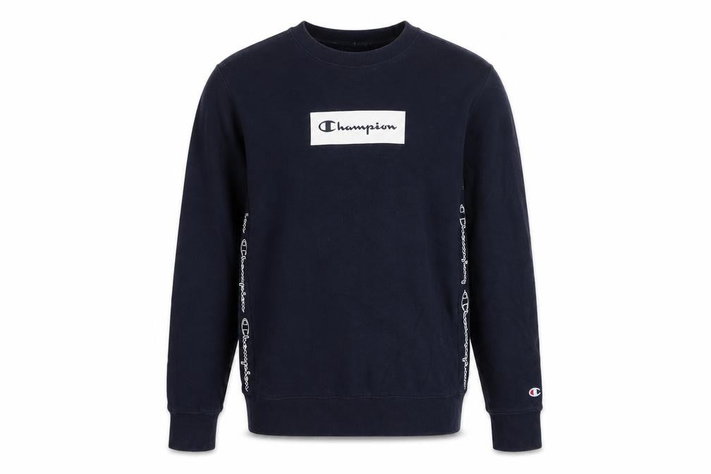 Front view of Champion Men's Blue XS Pullover Sweatshirt Crew Neck Logo Sportswear