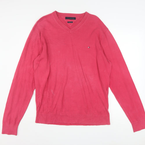Tommy Hilfiger Men's Pink V-Neck Cotton Pullover Jumper XL