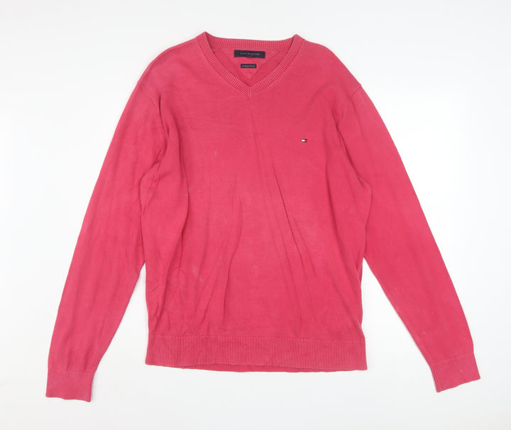 Tommy Hilfiger Men's Pink V-Neck Cotton Pullover Jumper XL