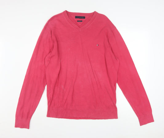Tommy Hilfiger Men's Pink V-Neck Cotton Pullover Jumper XL