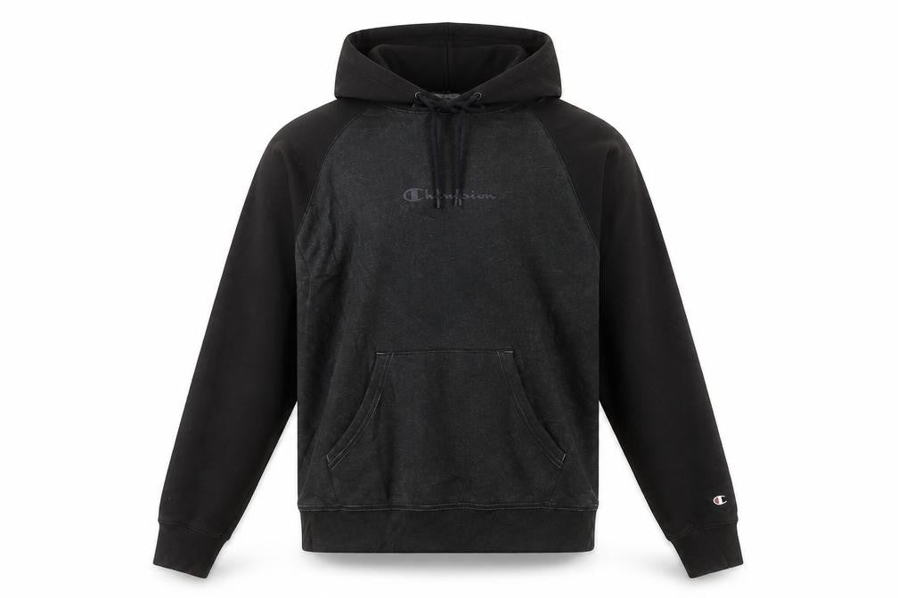 Front view of Champion Men's Black Pullover Hoodie, size S, Fleece Regular Fit