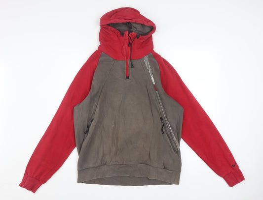 Nike Men's Red Grey 1/2 Zip Hoodie Medium Cotton Blend Athletic Dept