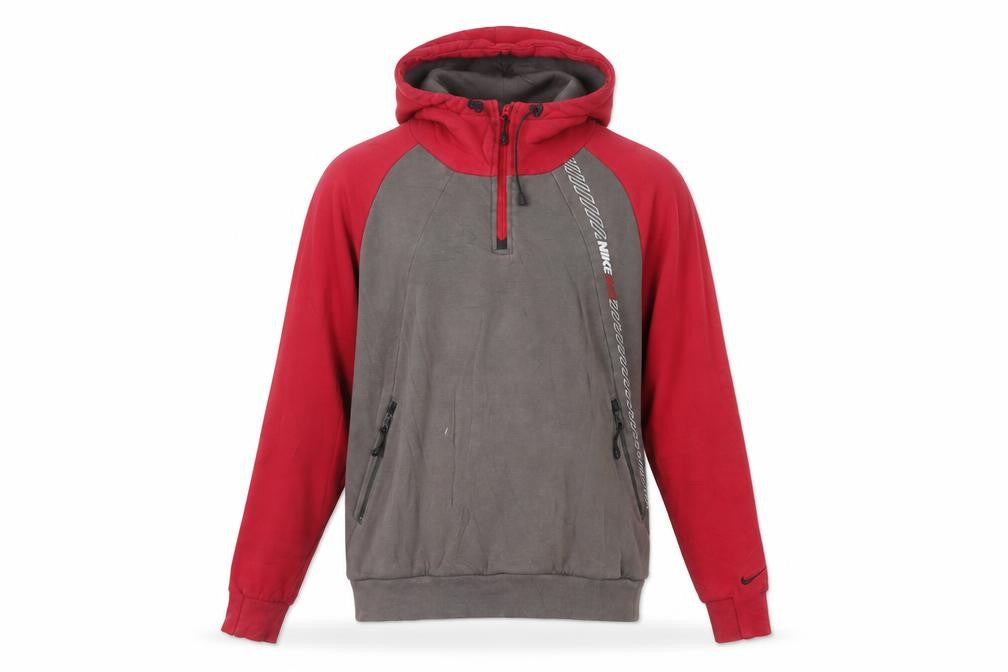 Front view of Nike Men's Red Grey 1/2 Zip Hoodie Medium Cotton Blend Athletic Dept
