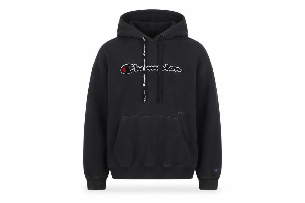 Front view of Champion Men's Black Pullover Hoodie Small Logo Fleece Sweatshirt