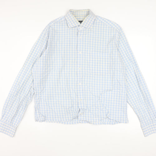 Hugo Boss Men's Blue Check Long Sleeve Cotton Button-Up Shirt Size 16