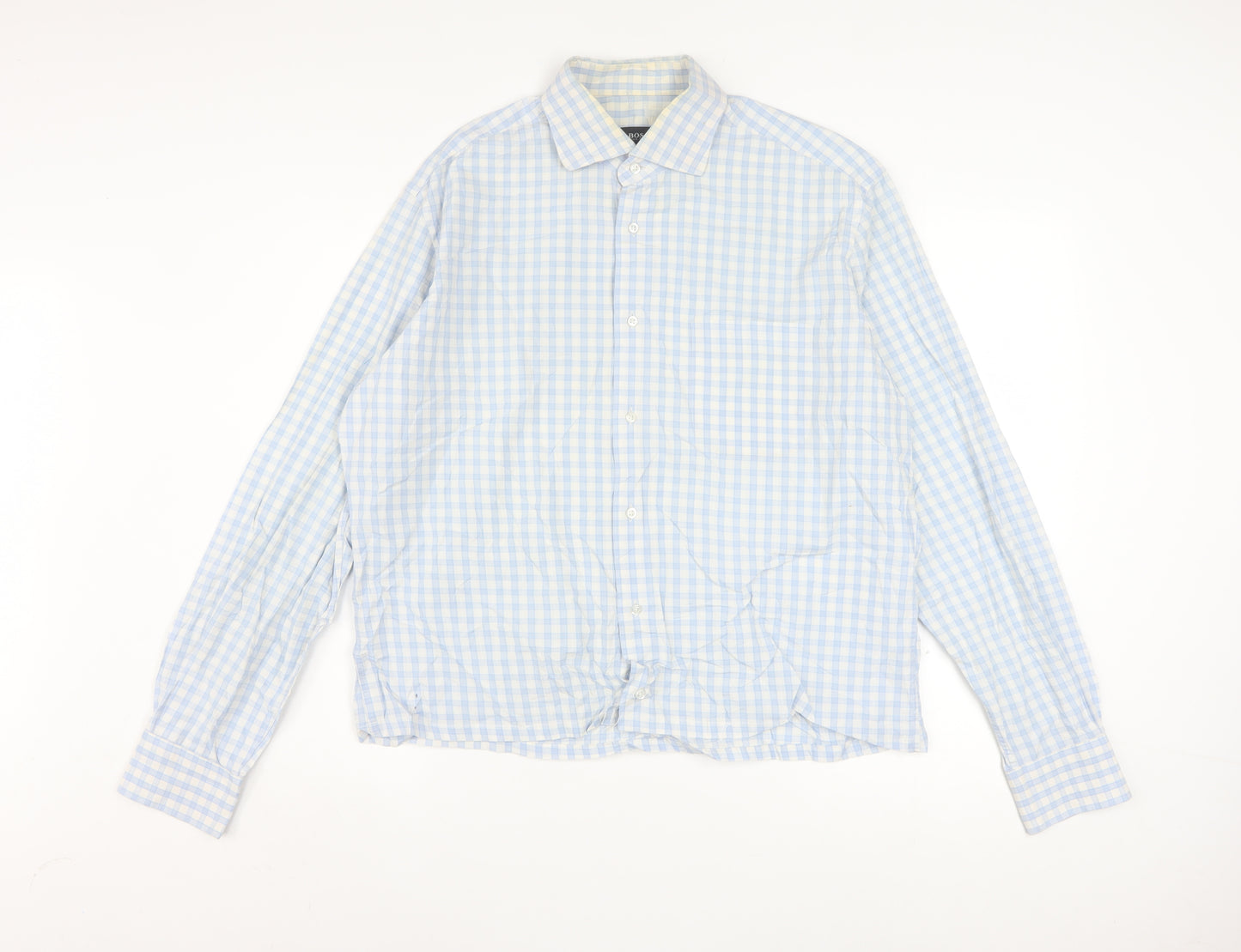 Hugo Boss Men's Blue Check Long Sleeve Cotton Button-Up Shirt Size 16