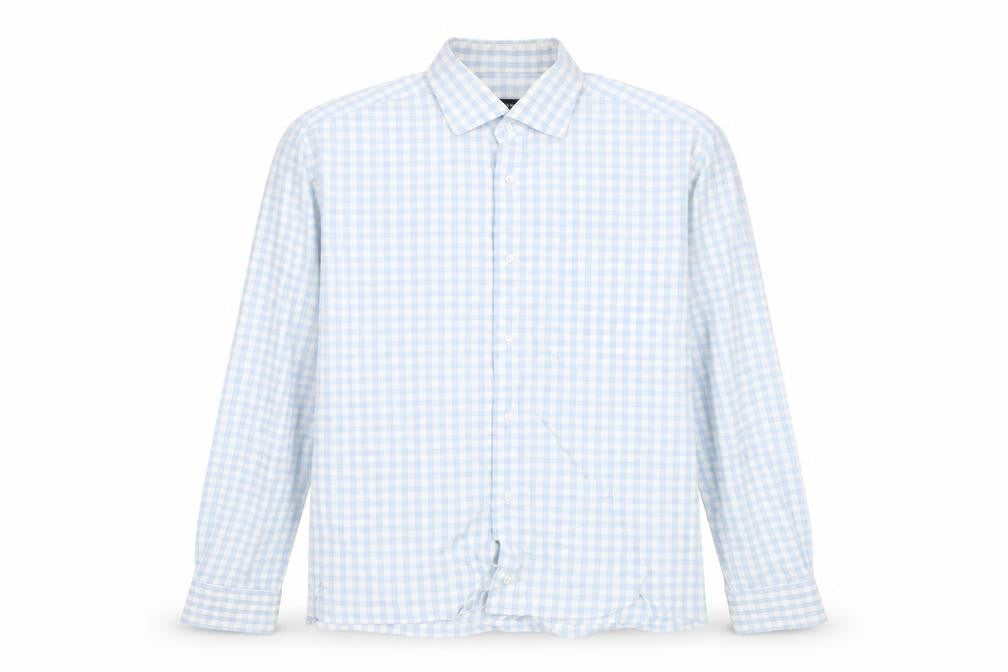 Front view of Hugo Boss Men's Blue Check Long Sleeve Cotton Button-Up Shirt, size 16