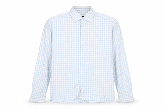 Front view of Hugo Boss Men's Blue Check Long Sleeve Cotton Button-Up Shirt, size 16