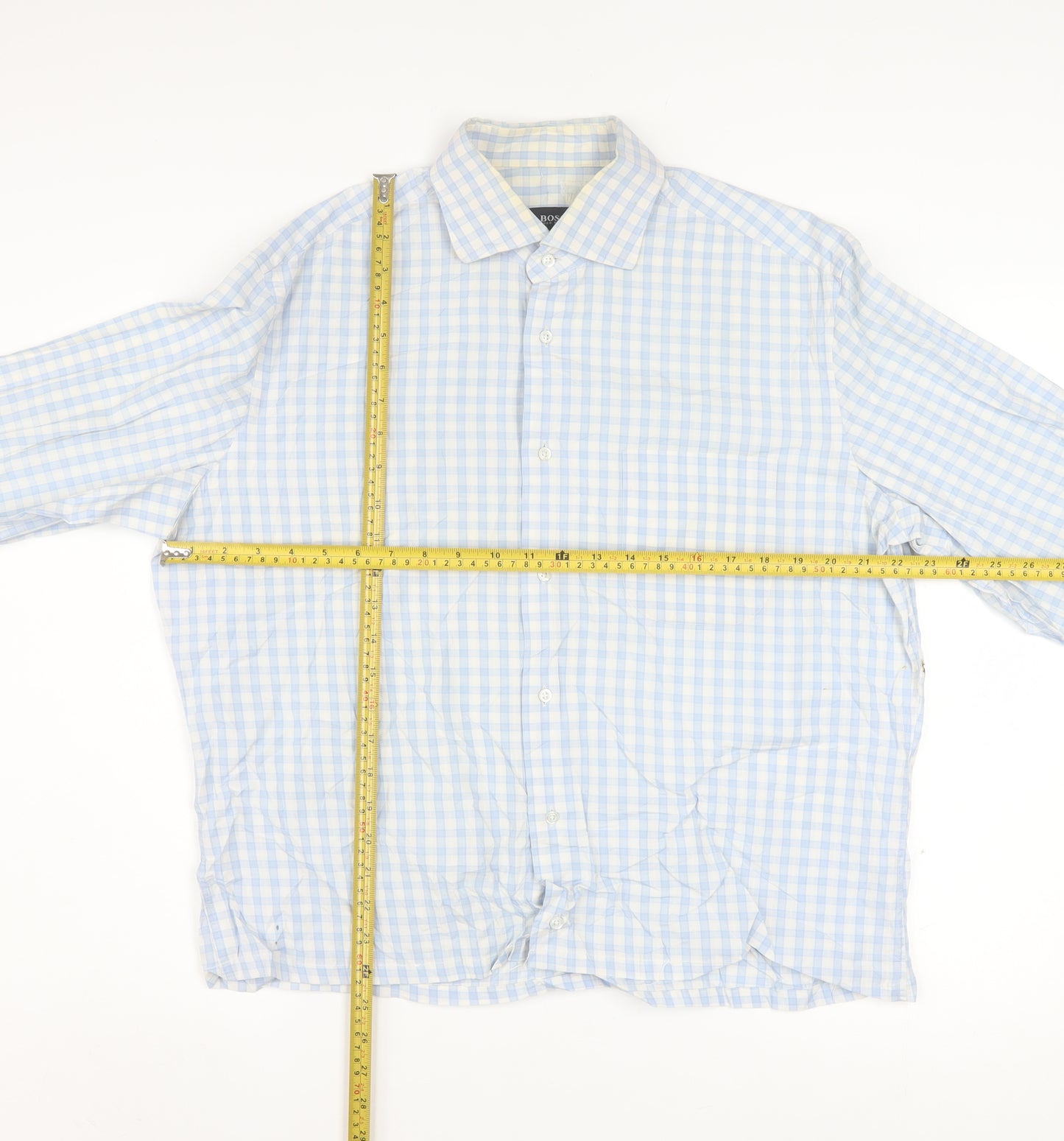 Hugo Boss Men's Blue Check Long Sleeve Cotton Button-Up Shirt Size 16