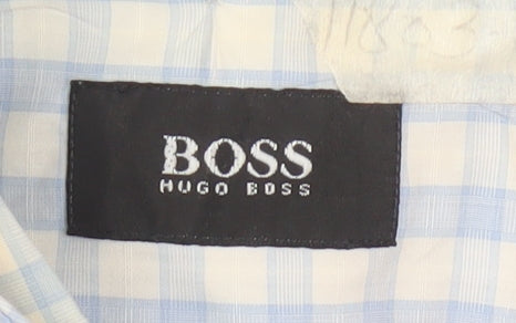 Hugo Boss Men's Blue Check Long Sleeve Cotton Button-Up Shirt Size 16