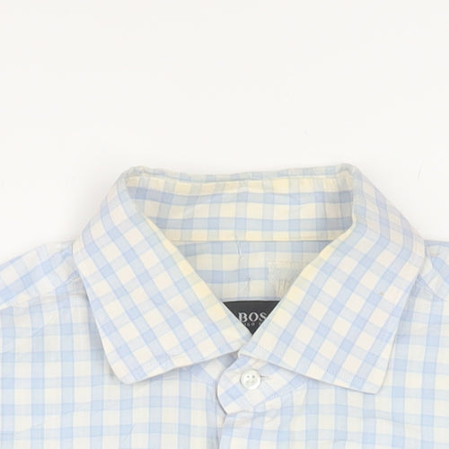 Hugo Boss Men's Blue Check Long Sleeve Cotton Button-Up Shirt Size 16