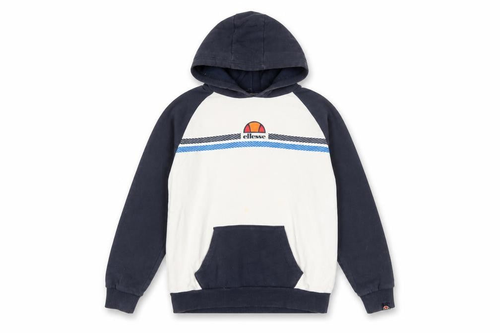 Front view of Ellesse boys’ navy & white pullover hoodie 13-14 years logo graphic print