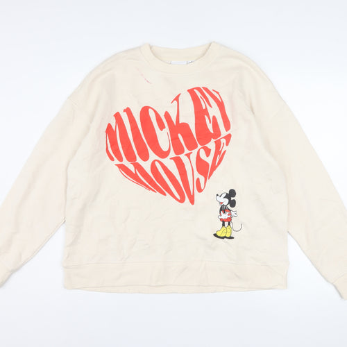 Disney Women Beige Mickey Mouse Pullover Sweatshirt M 12/14 Graphic Print