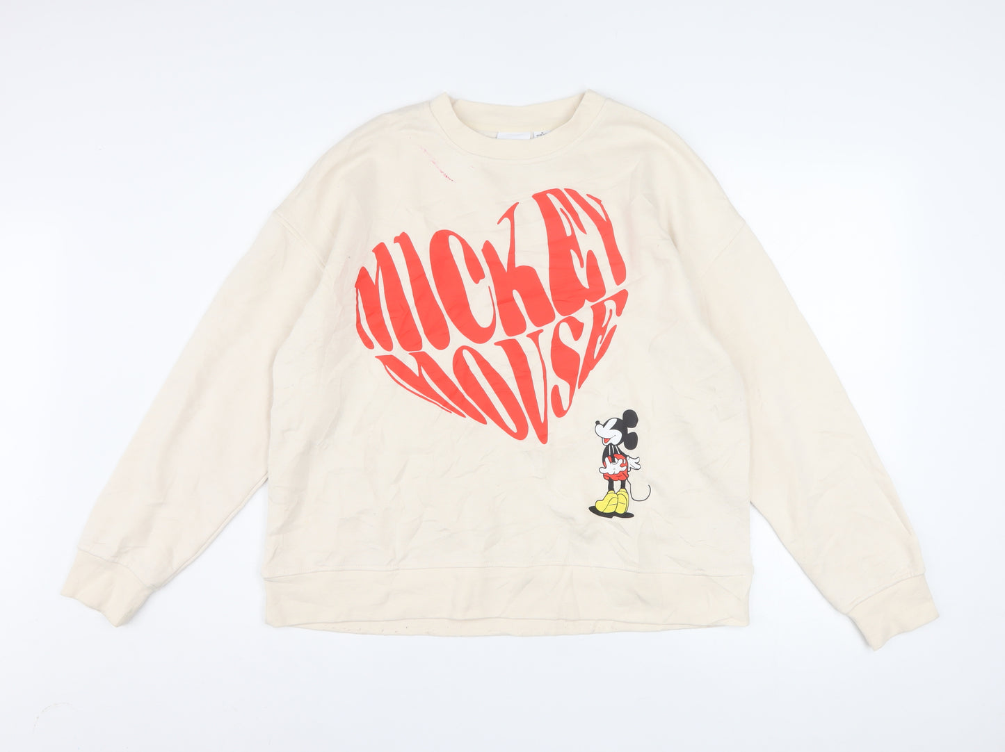 Disney Women Beige Mickey Mouse Pullover Sweatshirt M 12/14 Graphic Print