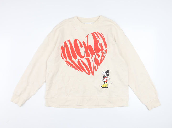 Disney Women Beige Mickey Mouse Pullover Sweatshirt M 12/14 Graphic Print