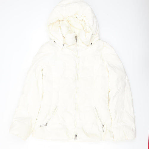 Benetton Women's White Puffer Jacket Size 16 Hooded Winter Coat