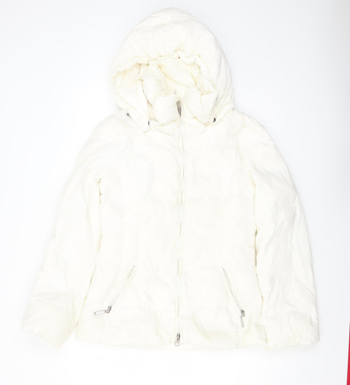 Benetton Women's White Puffer Jacket Size 16 Hooded Winter Coat