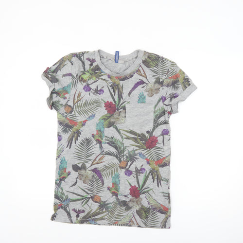 H&M Divided Men's Grey Tropical Floral Parrot Print T-Shirt XS