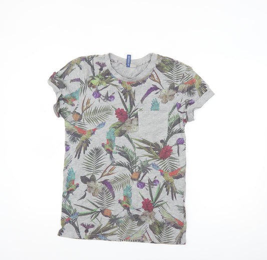 H&M Divided Men's Grey Tropical Floral Parrot Print T-Shirt XS