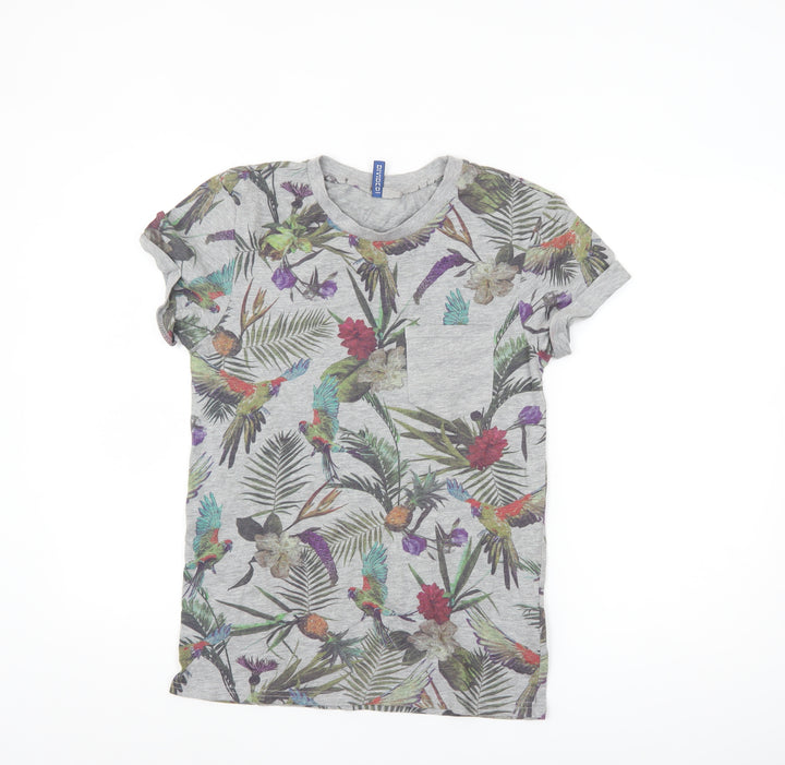 H&M Divided Men's Grey Tropical Floral Parrot Print T-Shirt XS