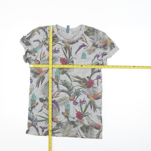 H&M Divided Men's Grey Tropical Floral Parrot Print T-Shirt XS