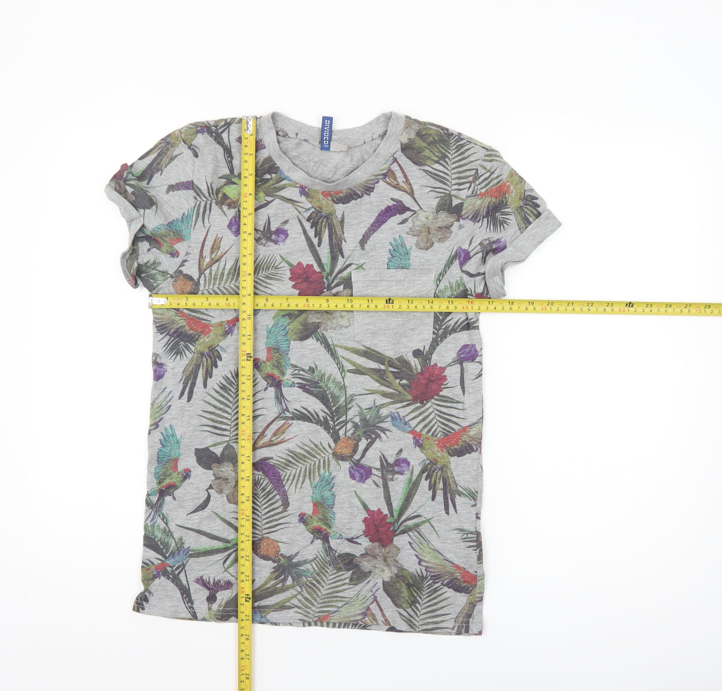 H&M Divided Men's Grey Tropical Floral Parrot Print T-Shirt XS