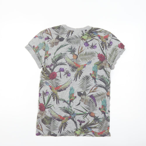 H&M Divided Men's Grey Tropical Floral Parrot Print T-Shirt XS