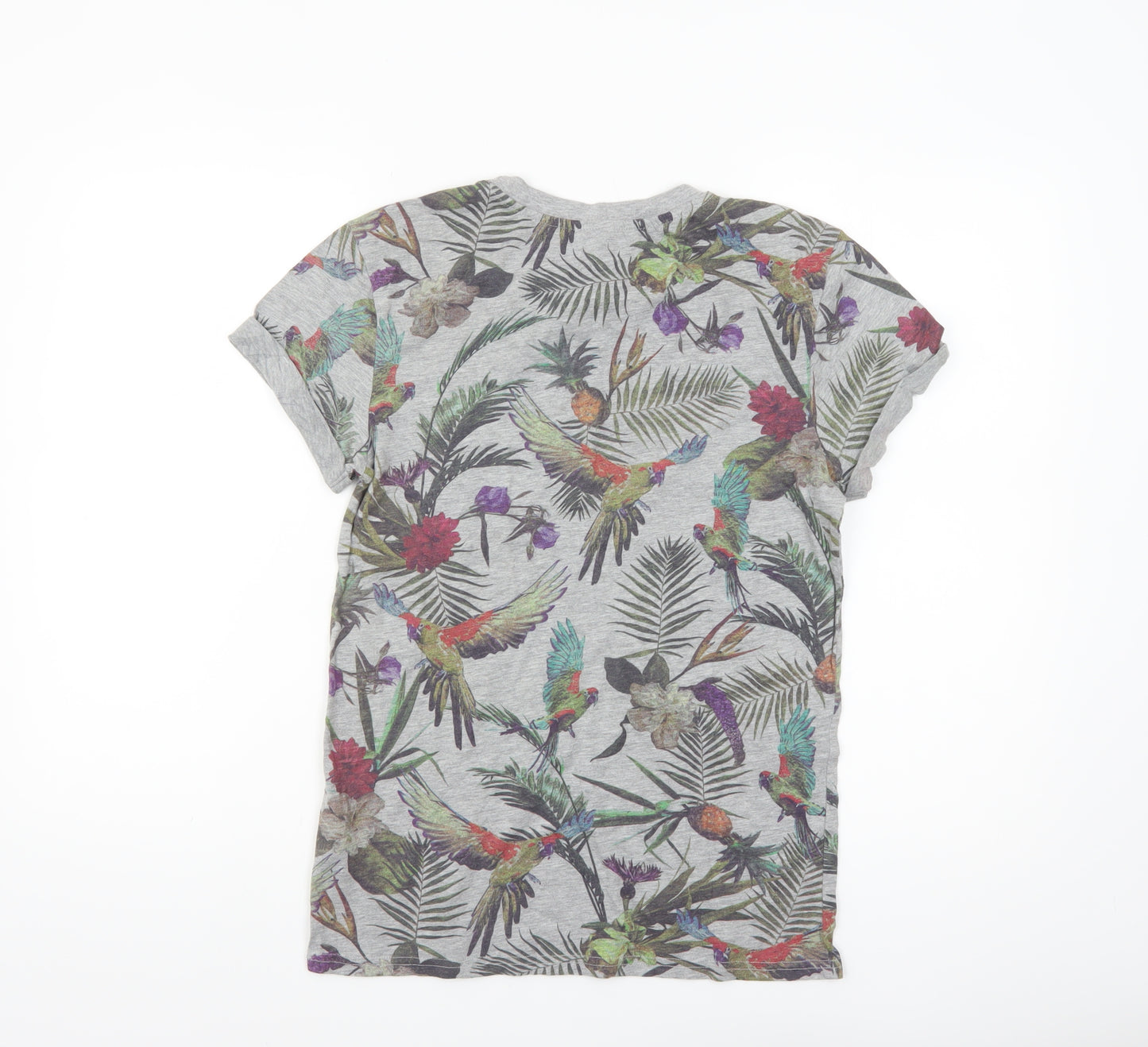 H&M Divided Men's Grey Tropical Floral Parrot Print T-Shirt XS