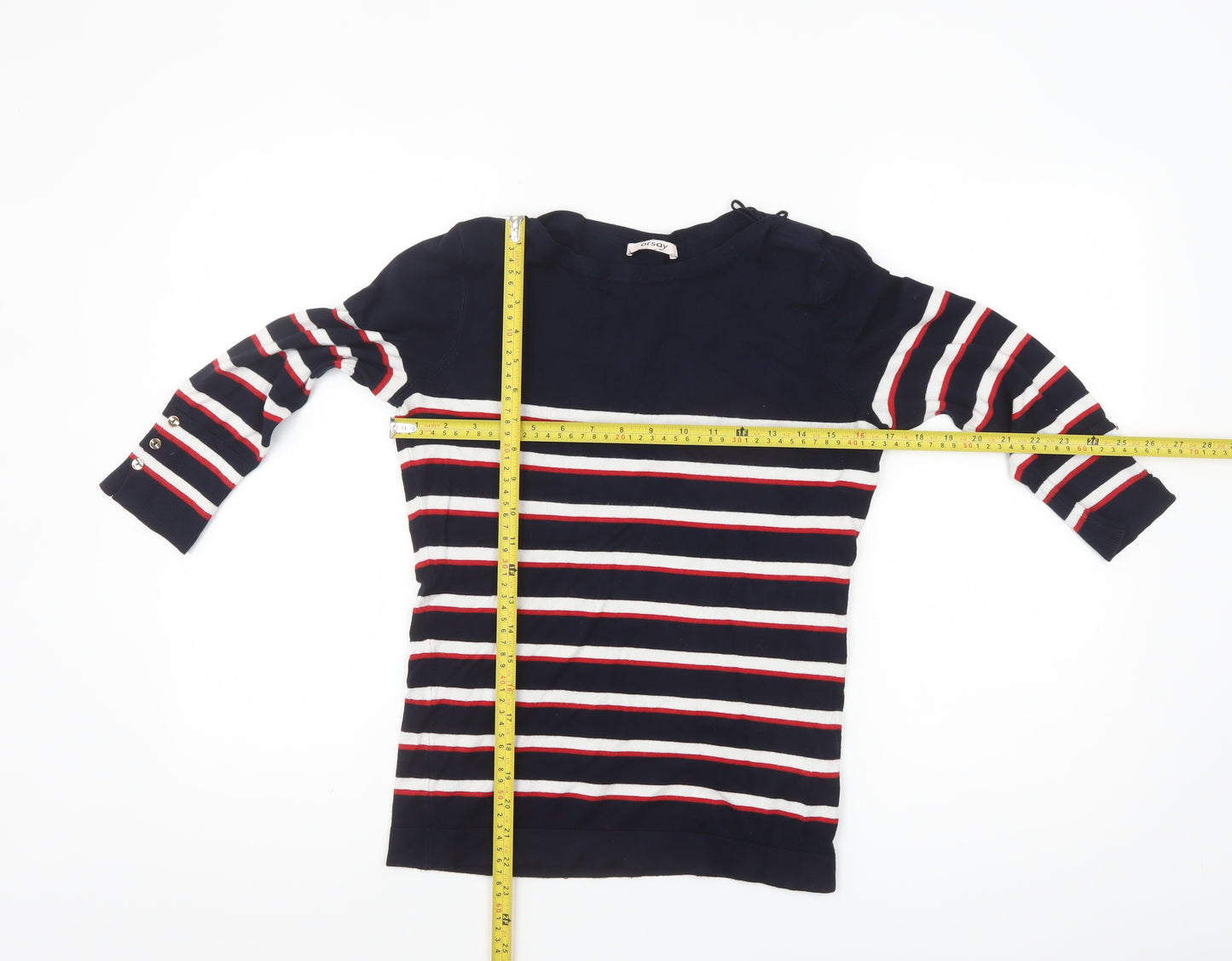 Orsay Women's Blue Striped Boat Neck 3/4 Sleeve Knit Jumper L