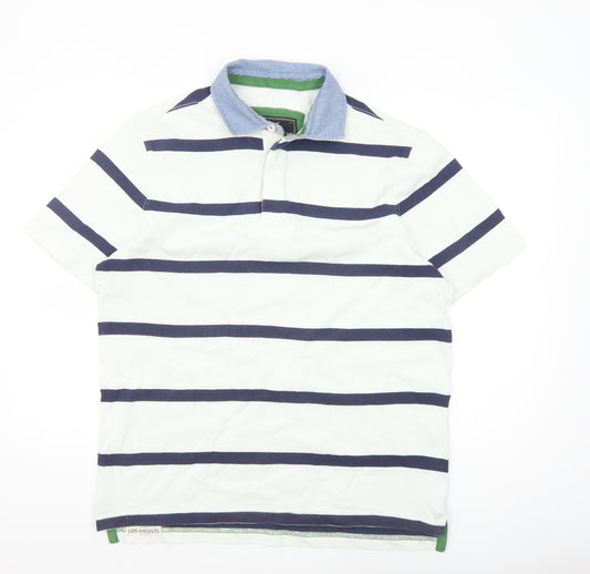 Howick Men's White Navy Striped Cotton Polo Shirt Size M