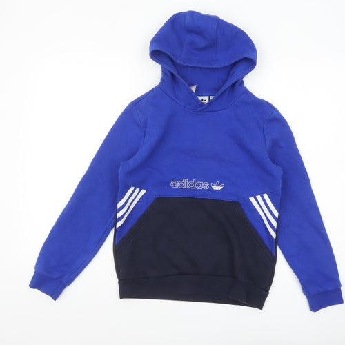 Adidas Boys Blue Pullover Hoodie 11-12 Years Colourblock Logo Sportswear