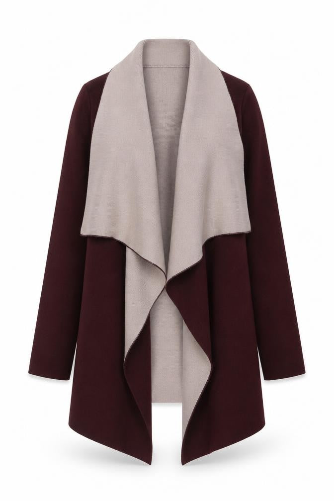 Front view of Gallery Women's Burgundy & Beige Open Front Long Sleeve Cardigan S
