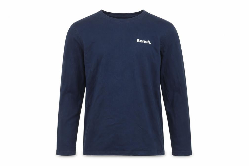 Front view of Bench men’s blue long sleeve cotton crew neck top, size S