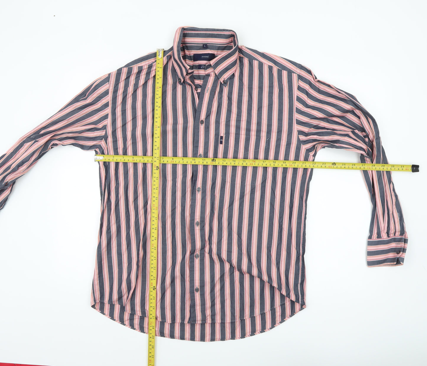 André Men's Blue Striped Long Sleeve Cotton Button-Up Shirt L